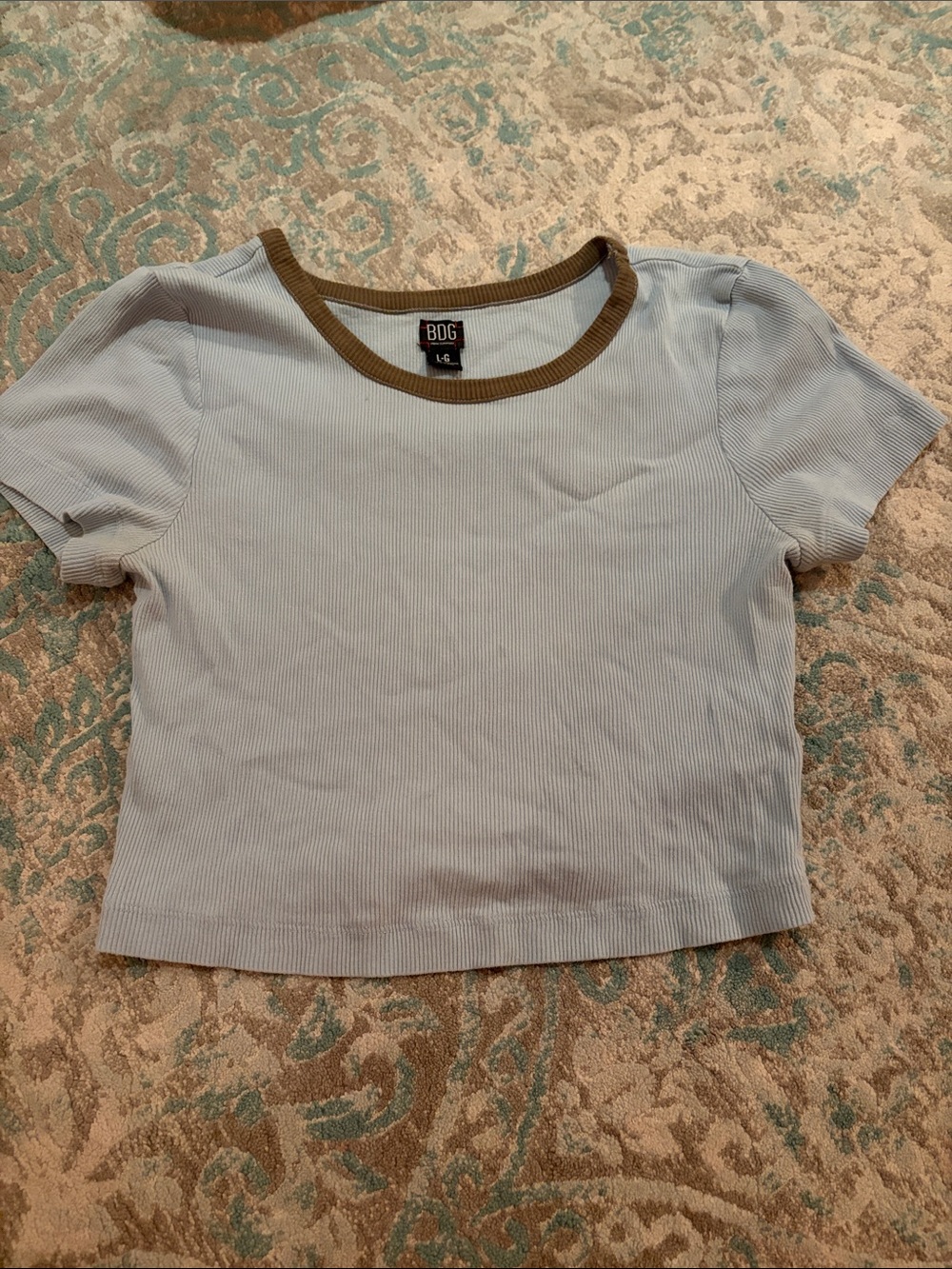 BDG Light Blue Ribbed Short Sleeve Crop Top with Brown Trim